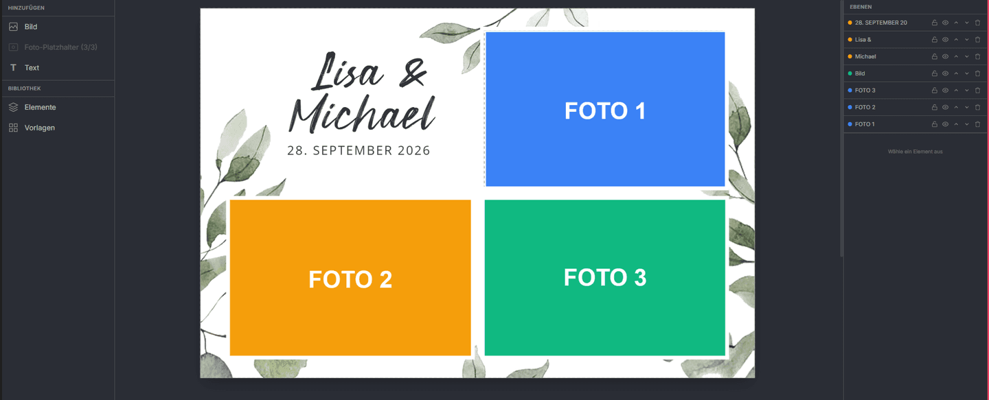 Der Knipserl Layout-Editor im Browser: Hochzeits-Layout in der Live-Vorschau, links die Werkzeuge für Bild, Foto-Platzhalter und Text, rechts das Ebenen-Panel
