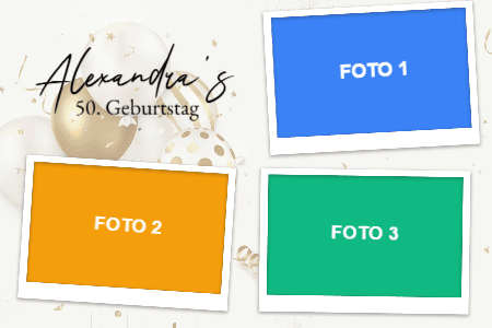Foto-Layout Vorlage für den Geburtstag: goldene Luftballons, Konfetti und Name mit Altersangabe