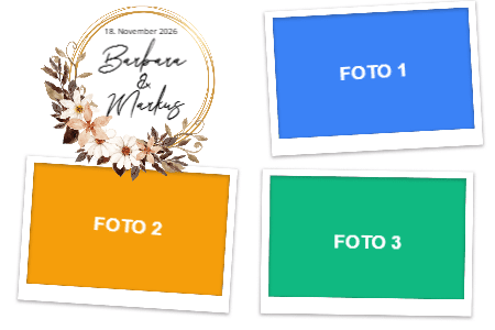 Foto-Layout Vorlage für die Hochzeit: goldener Ring mit Blüten und Namen des Brautpaars