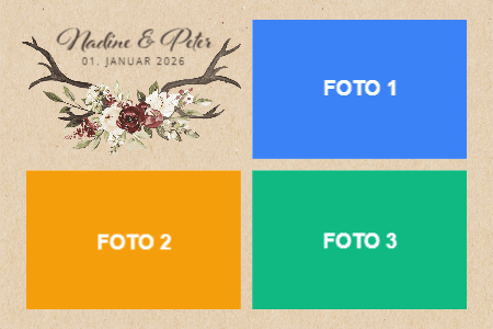 Foto-Layout Vorlage für die Hochzeit: Kraftpapier-Optik mit Geweih, Trockenblumen und Namenszug