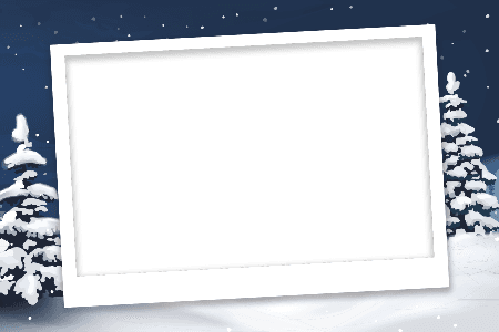 Foto-Layout Vorlage für die Weihnachtsfeier: verschneite Tannen bei Nacht mit Sofortbild-Rahmen